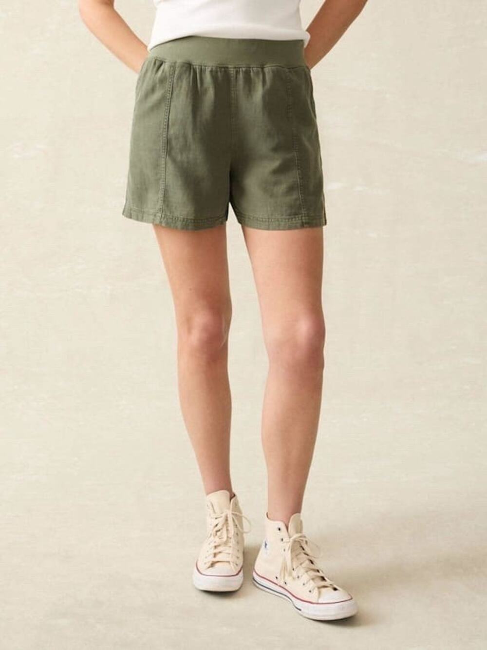 Faherty Arlie Day Shorts Womens Olive Green Elastic Waist Linen Cotton Sz XS